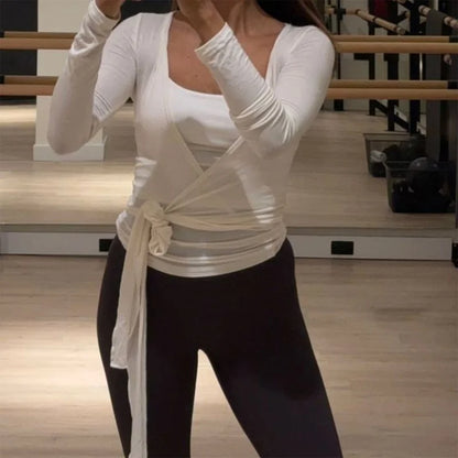 Wrap Tie Front Yoga Crop Top – Long Sleeve, Deep V-Neck, Breathable Fit