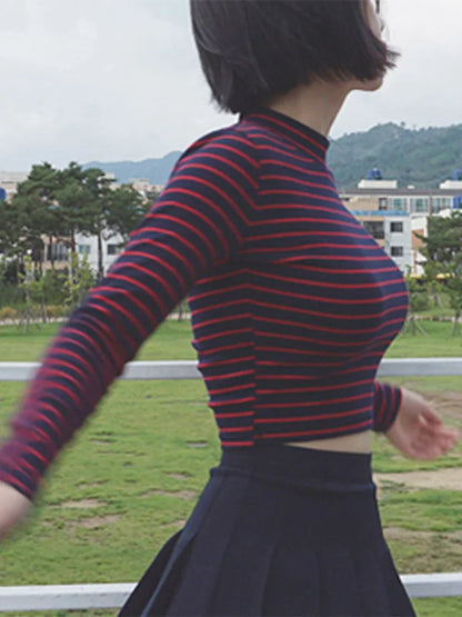 "Women's Chic Striped Slim Fit Crop Top – Long Sleeve Turtleneck"