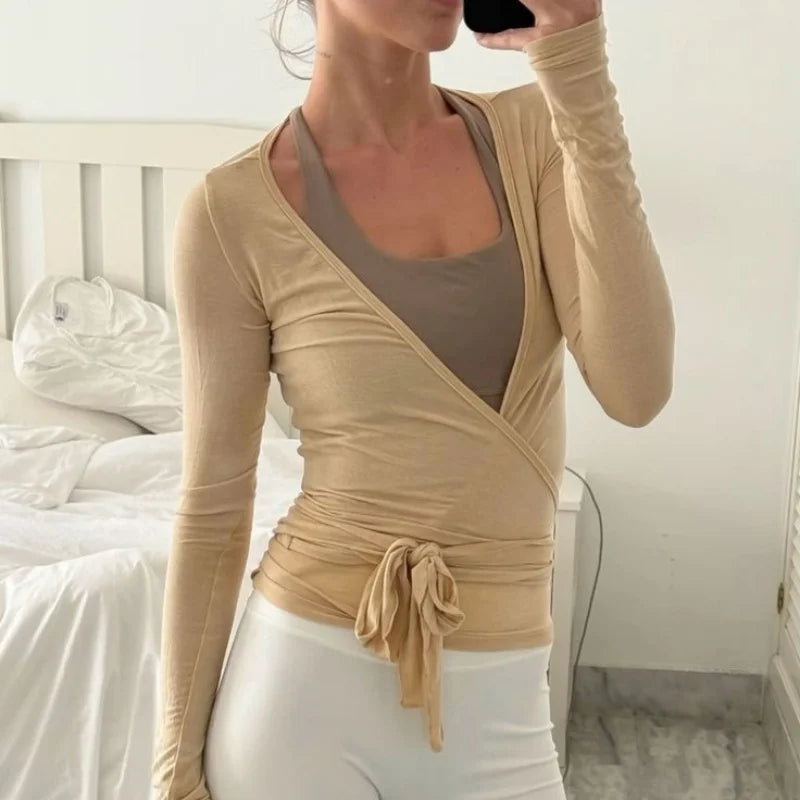 Wrap Tie Front Yoga Crop Top – Long Sleeve, Deep V-Neck, Breathable Fit