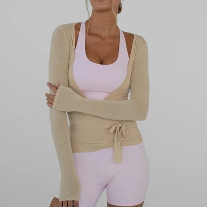 Wrap Tie Front Yoga Crop Top – Long Sleeve, Deep V-Neck, Breathable Fit