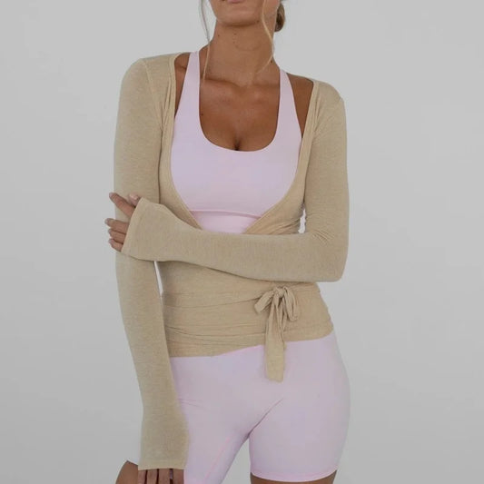 Wrap Tie Front Yoga Crop Top – Long Sleeve, Deep V-Neck, Breathable Fit