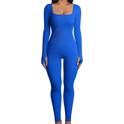 Women’s Ribbed Knit Long Sleeve Skinny Jumpsuit – Square Neck Bodycon Fit