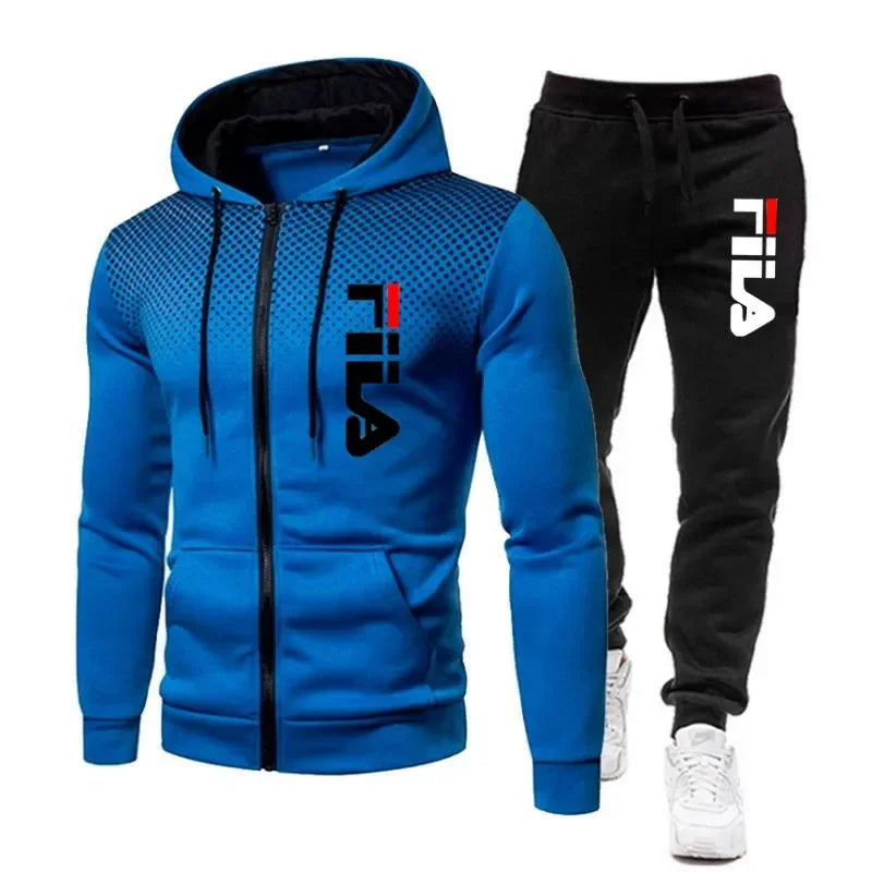 New men's casual jogging fitness fashion sports clothing set autumn and winter printed zipper hoodie + two sets of stretch pants