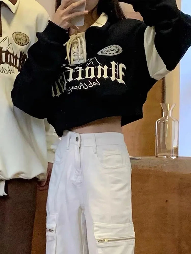 Crop Tops Vintage Hoodies for Women Streetwear Letter Embroidery Bandage Sweatshirt 2025 Ropa Mujer Casual Fashion Y2k Hoodie