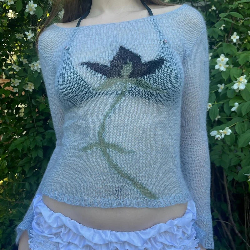 Flower Knit See-Through Long Sleeve Crop Top | Vintage Y2K Sweater