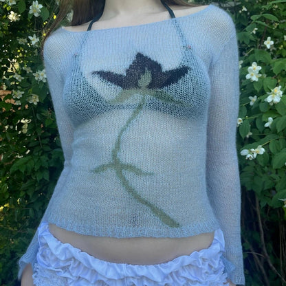 Flower Knit See-Through Long Sleeve Crop Top | Vintage Y2K Sweater