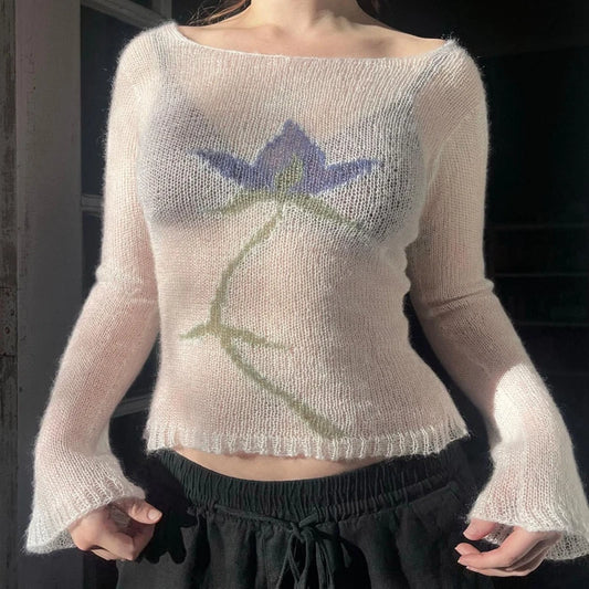 Flower Knit See-Through Long Sleeve Crop Top | Vintage Y2K Sweater