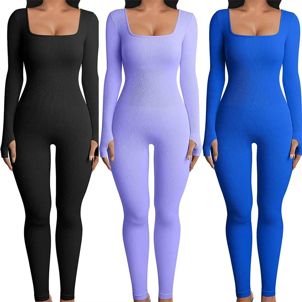 Women’s Ribbed Knit Long Sleeve Skinny Jumpsuit – Square Neck Bodycon Fit