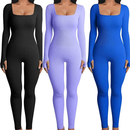Women’s Ribbed Knit Long Sleeve Skinny Jumpsuit – Square Neck Bodycon Fit