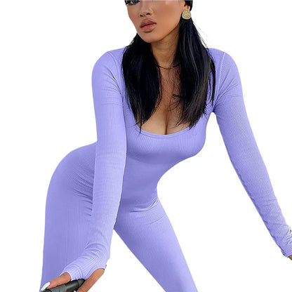 Women’s Ribbed Knit Long Sleeve Skinny Jumpsuit – Square Neck Bodycon Fit
