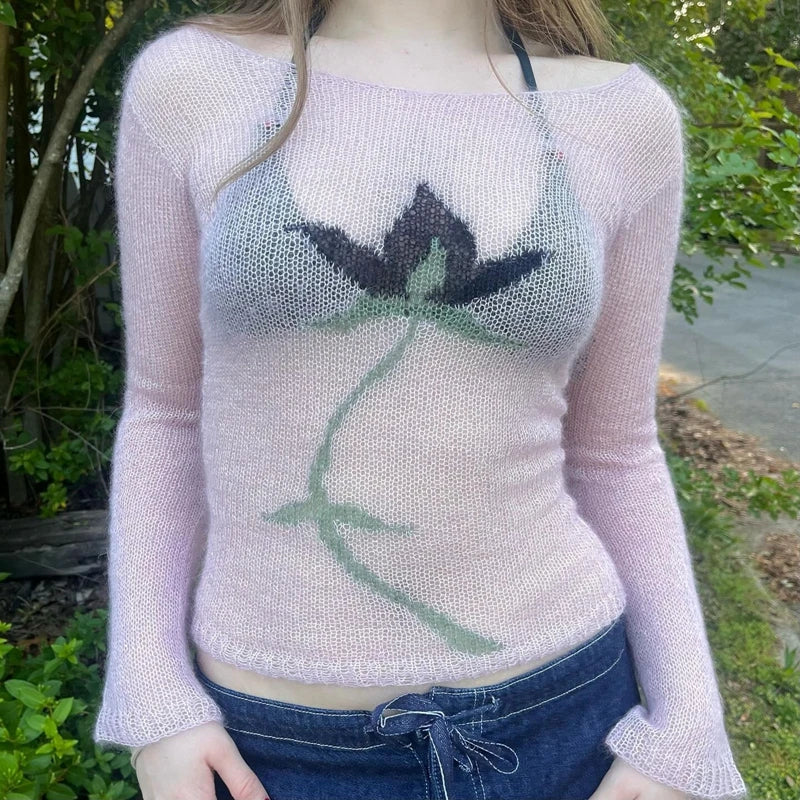 Flower Knit See-Through Long Sleeve Crop Top | Vintage Y2K Sweater