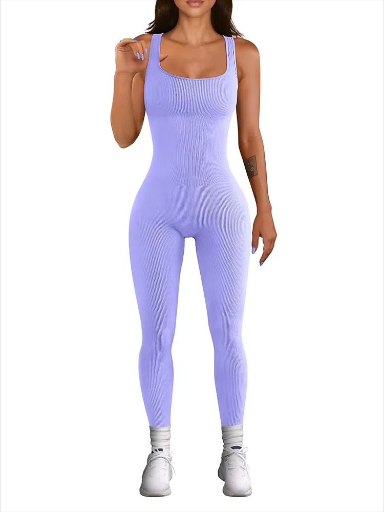 Women's Ribbed Sleeveless Yoga Jumpsuit – Square Neck, High Waist, Seamless Activewear for Fitness & Sports