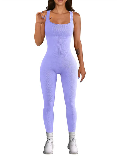 Women's Ribbed Sleeveless Yoga Jumpsuit – Square Neck, High Waist, Seamless Activewear for Fitness & Sports