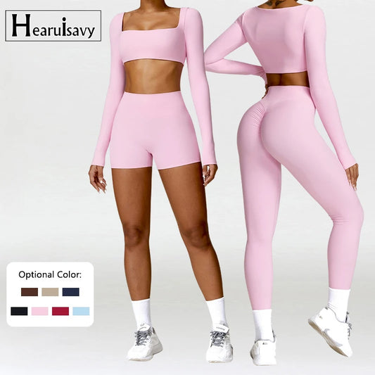 2PCS Yoga Set – High Waist Leggings + Long Sleeve Top | Quick-Dry & Sculpt Fit