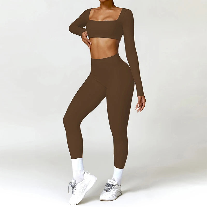 2PCS Yoga Set – High Waist Leggings + Long Sleeve Top | Quick-Dry & Sculpt Fit