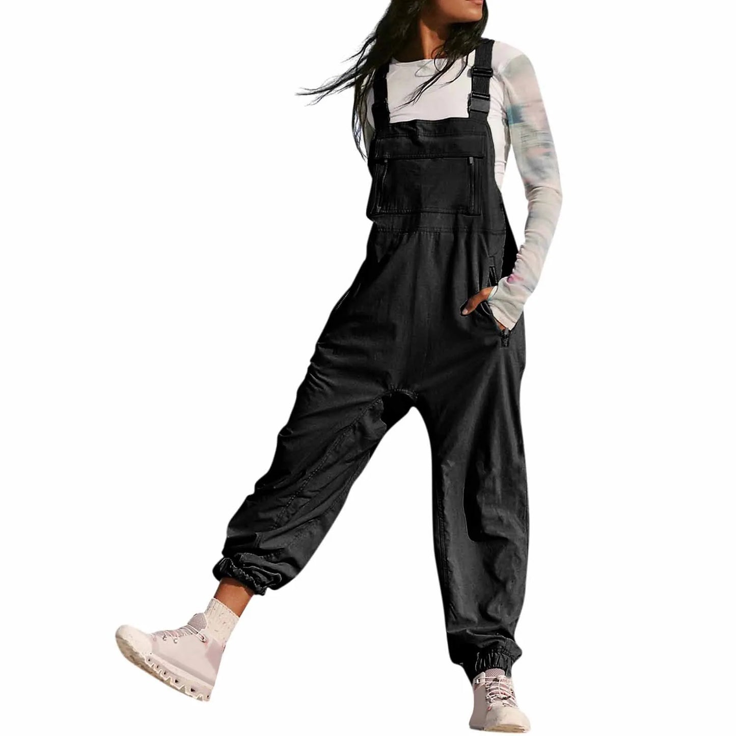 Women’s Casual Sleeveless Wide-Leg Jumpsuit with Pockets – Adjustable Straps