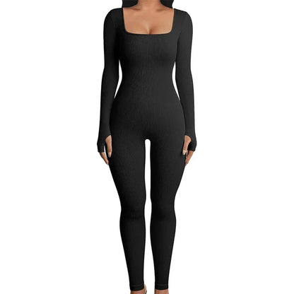 Women’s Ribbed Knit Long Sleeve Skinny Jumpsuit – Square Neck Bodycon Fit