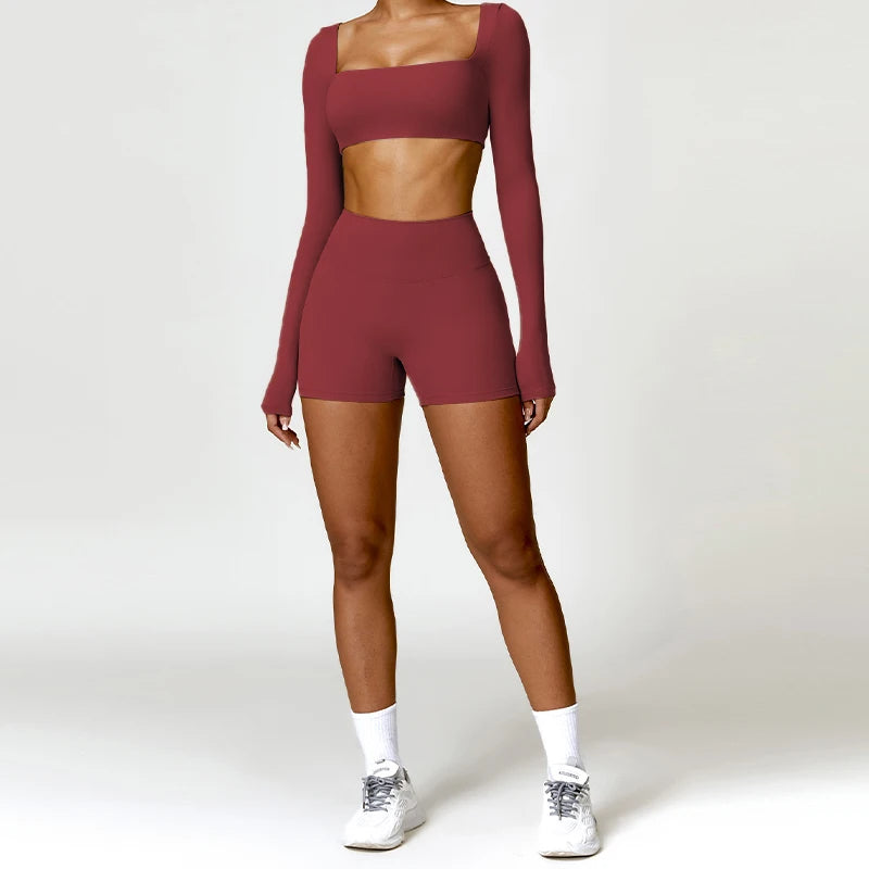 2PCS Yoga Set – High Waist Leggings + Long Sleeve Top | Quick-Dry & Sculpt Fit
