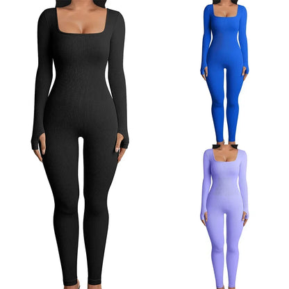 Women’s Ribbed Knit Long Sleeve Skinny Jumpsuit – Square Neck Bodycon Fit