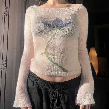 Flower Knit See-Through Long Sleeve Crop Top | Vintage Y2K Sweater