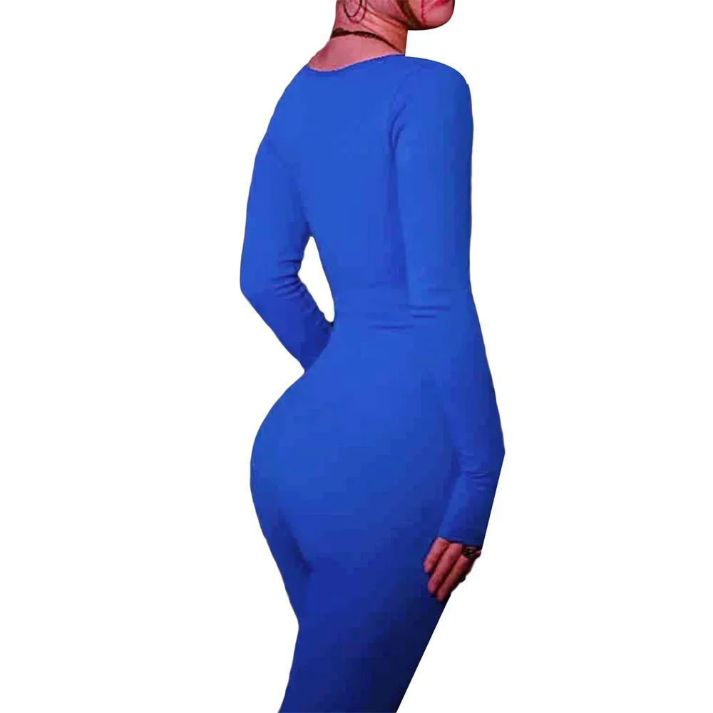 Women’s Ribbed Knit Long Sleeve Skinny Jumpsuit – Square Neck Bodycon Fit