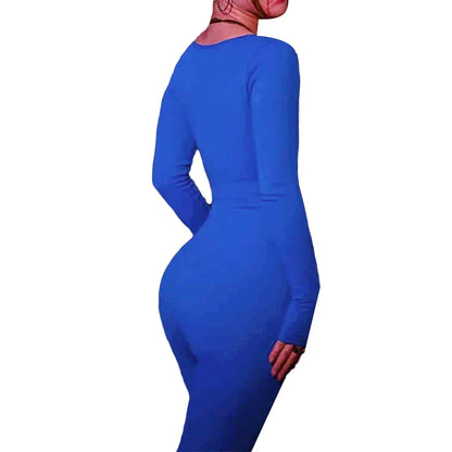 Women’s Ribbed Knit Long Sleeve Skinny Jumpsuit – Square Neck Bodycon Fit