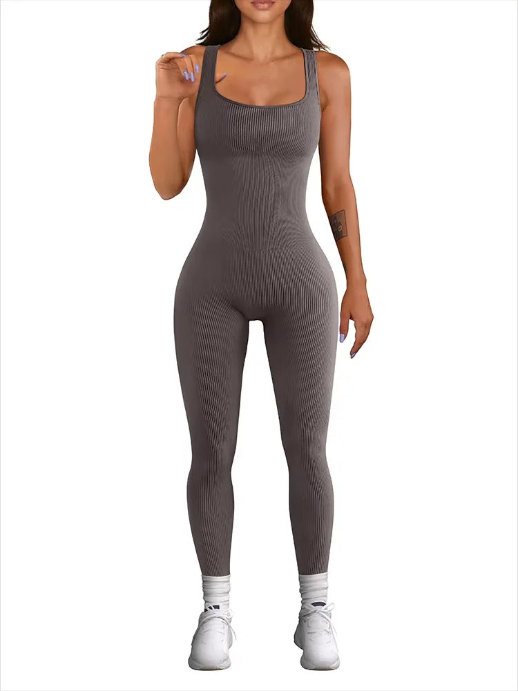 Women's Ribbed Sleeveless Yoga Jumpsuit – Square Neck, High Waist, Seamless Activewear for Fitness & Sports