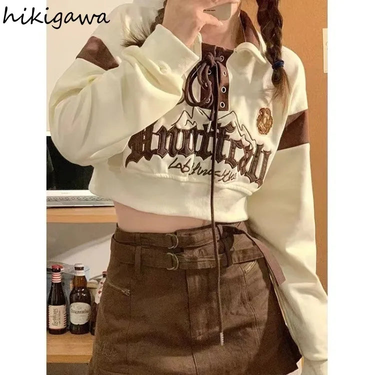Crop Tops Vintage Hoodies for Women Streetwear Letter Embroidery Bandage Sweatshirt 2025 Ropa Mujer Casual Fashion Y2k Hoodie