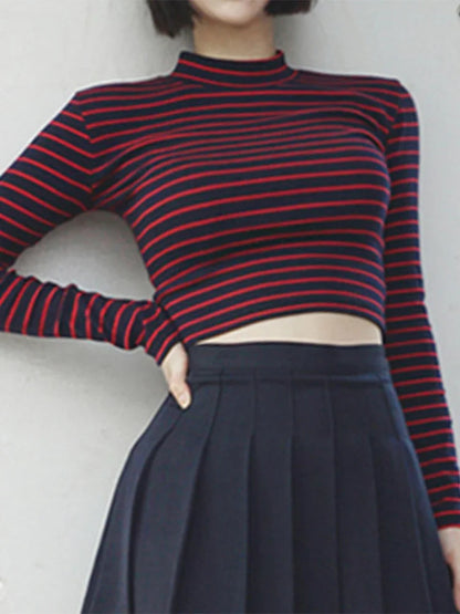 "Women's Chic Striped Slim Fit Crop Top – Long Sleeve Turtleneck"