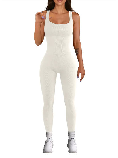 Women's Ribbed Sleeveless Yoga Jumpsuit – Square Neck, High Waist, Seamless Activewear for Fitness & Sports