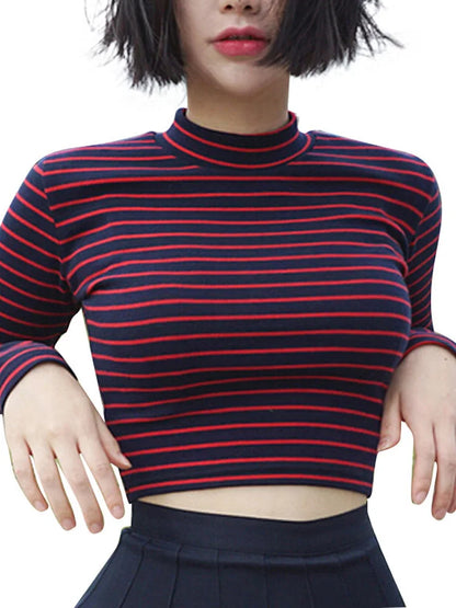 "Women's Chic Striped Slim Fit Crop Top – Long Sleeve Turtleneck"