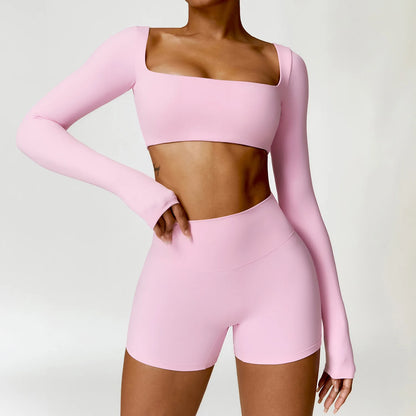 2PCS Yoga Set – High Waist Leggings + Long Sleeve Top | Quick-Dry & Sculpt Fit