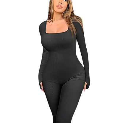 Women’s Ribbed Knit Long Sleeve Skinny Jumpsuit – Square Neck Bodycon Fit