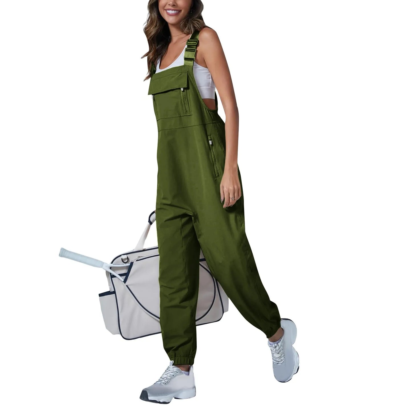 Women’s Casual Sleeveless Wide-Leg Jumpsuit with Pockets – Adjustable Straps