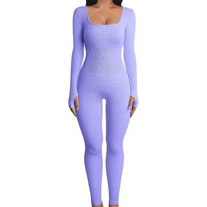 Women’s Ribbed Knit Long Sleeve Skinny Jumpsuit – Square Neck Bodycon Fit