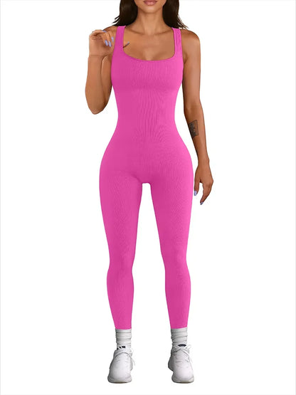 Women's Ribbed Sleeveless Yoga Jumpsuit – Square Neck, High Waist, Seamless Activewear for Fitness & Sports