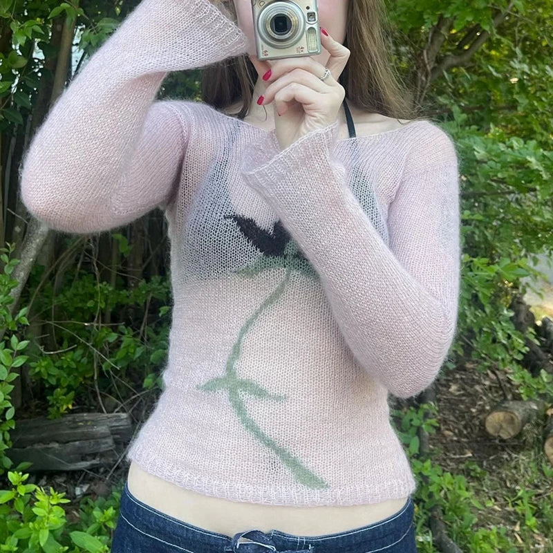 Flower Knit See-Through Long Sleeve Crop Top | Vintage Y2K Sweater
