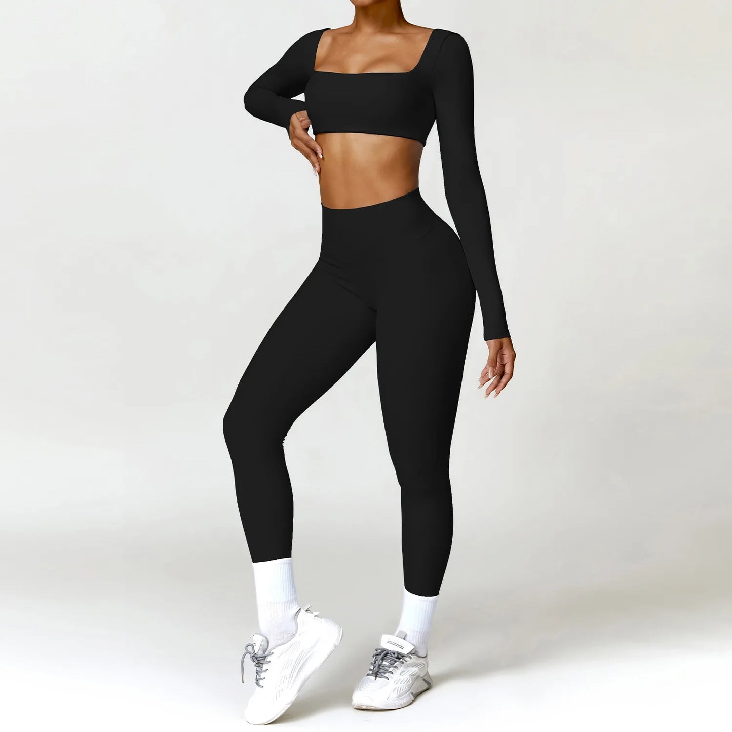 2PCS Yoga Set – High Waist Leggings + Long Sleeve Top | Quick-Dry & Sculpt Fit
