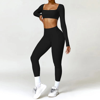 2PCS Yoga Set – High Waist Leggings + Long Sleeve Top | Quick-Dry & Sculpt Fit