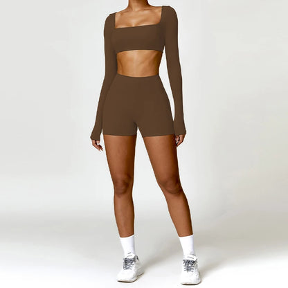 2PCS Yoga Set – High Waist Leggings + Long Sleeve Top | Quick-Dry & Sculpt Fit