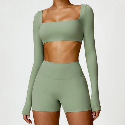 2PCS Yoga Set – High Waist Leggings + Long Sleeve Top | Quick-Dry & Sculpt Fit