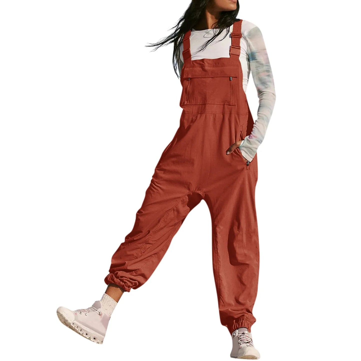 Women’s Casual Sleeveless Wide-Leg Jumpsuit with Pockets – Adjustable Straps