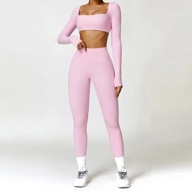 2PCS Yoga Set – High Waist Leggings + Long Sleeve Top | Quick-Dry & Sculpt Fit