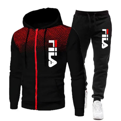 New men's casual jogging fitness fashion sports clothing set autumn and winter printed zipper hoodie + two sets of stretch pants