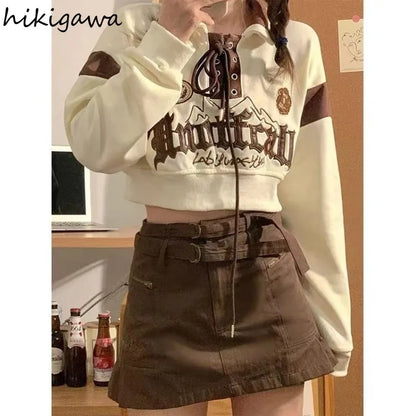 Crop Tops Vintage Hoodies for Women Streetwear Letter Embroidery Bandage Sweatshirt 2025 Ropa Mujer Casual Fashion Y2k Hoodie