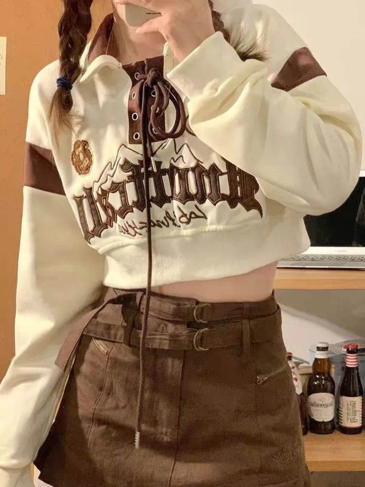 Crop Tops Vintage Hoodies for Women Streetwear Letter Embroidery Bandage Sweatshirt 2025 Ropa Mujer Casual Fashion Y2k Hoodie