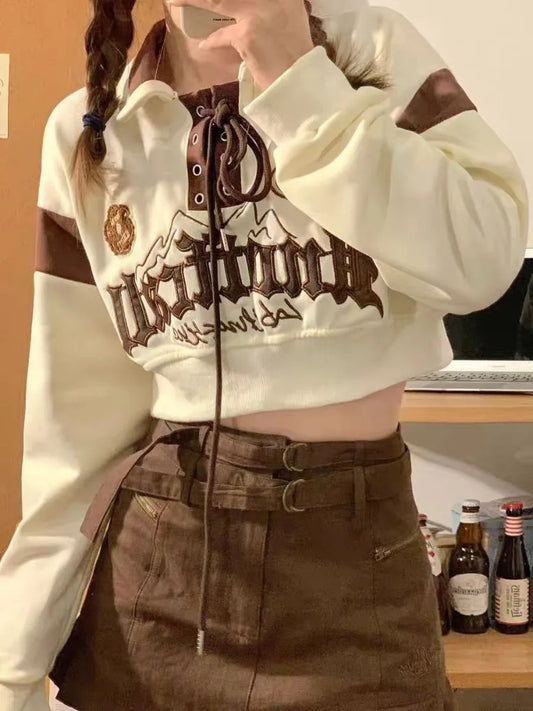 Crop Tops Vintage Hoodies for Women Streetwear Letter Embroidery Bandage Sweatshirt 2025 Ropa Mujer Casual Fashion Y2k Hoodie