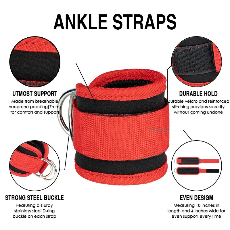 Adjustable Gym Ankle Straps with Double D-Ring | Neoprene Padded Cuffs for Cable Machine Leg & Glute Workout