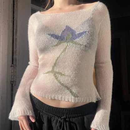 Flower Knit See-Through Long Sleeve Crop Top | Vintage Y2K Sweater