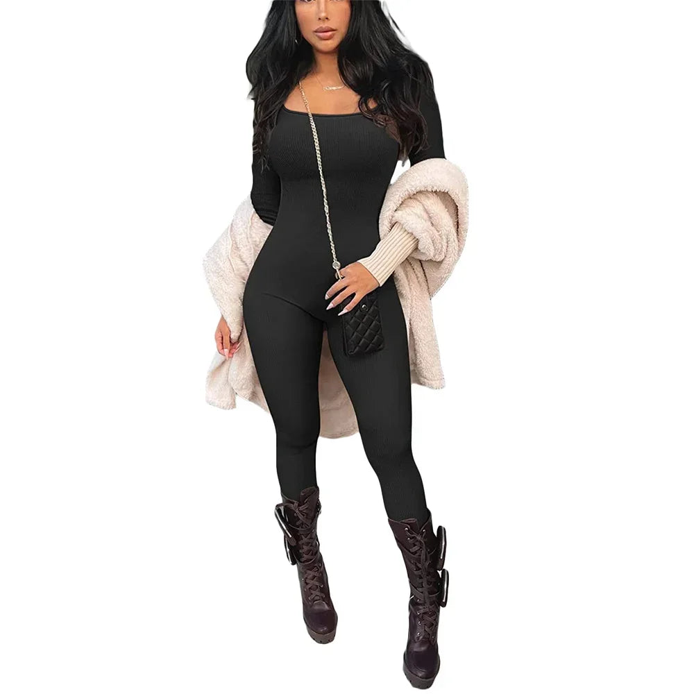 Women’s Ribbed Knit Long Sleeve Skinny Jumpsuit – Square Neck Bodycon Fit